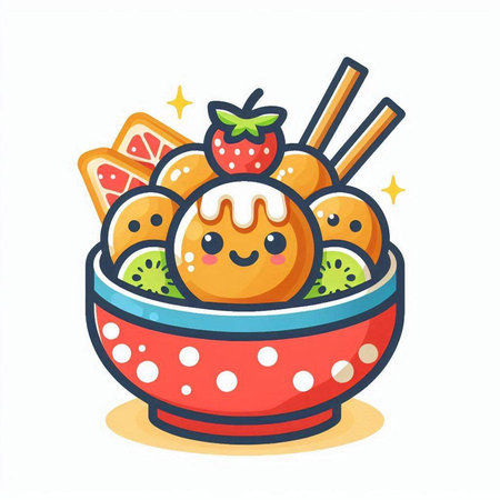 Cute cartoon kawaii dumplings in a bowl. Vector illustration.のイラスト素材