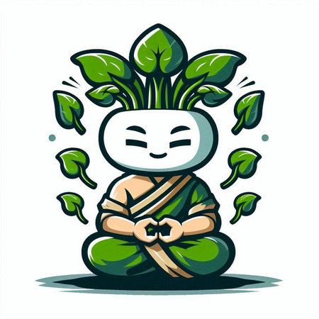 Illustration of a cute kawaii monk sitting with leaves around himのイラスト素材