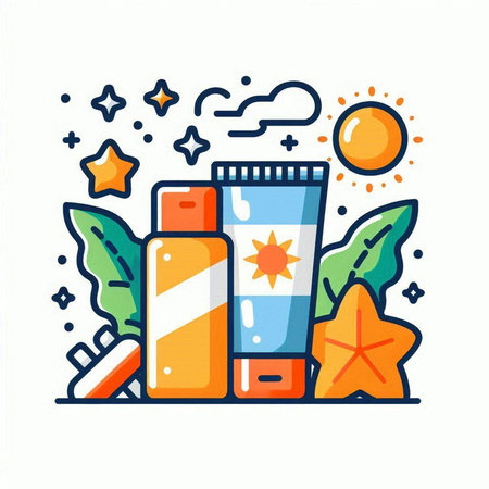 Sunblock, sunscreen, lotion. Vector illustration in line art styleのイラスト素材
