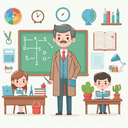 Teacher and students in classroom. Vector illustration of teacher and students.のイラスト素材