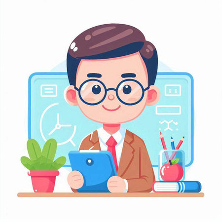 Teacher sitting at the desk with tablet. Vector illustration in cartoon style.のイラスト素材