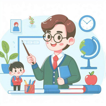 School boy and teacher at the desk. Education concept. Vector illustration.のイラスト素材
