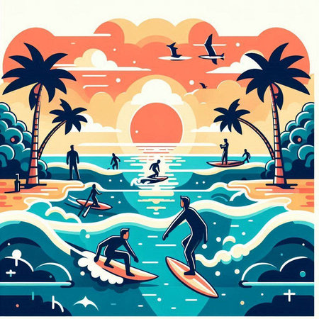 Surfers on the ocean. Vector illustration in retro style.のイラスト素材