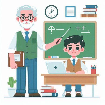 Teacher and student in classroom. Vector illustration in cartoon style.のイラスト素材