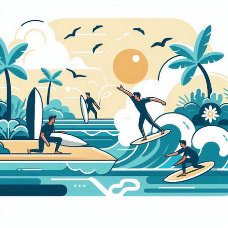Surfers on the beach, vector illustration in flat style.のイラスト素材