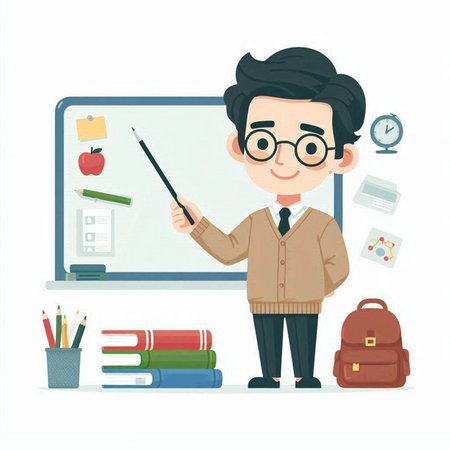 Teacher with pointer and school supplies on white background. Vector illustration.のイラスト素材