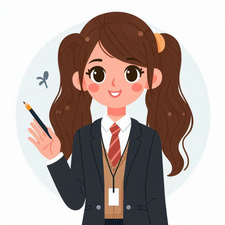 Young business woman with pen in hand. Vector illustration in cartoon style.のイラスト素材