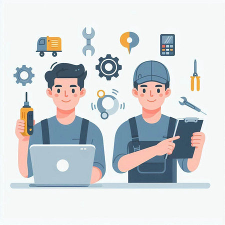 Vector illustration of two men in work clothes and overalls with a laptop, tools and instruments.のイラスト素材