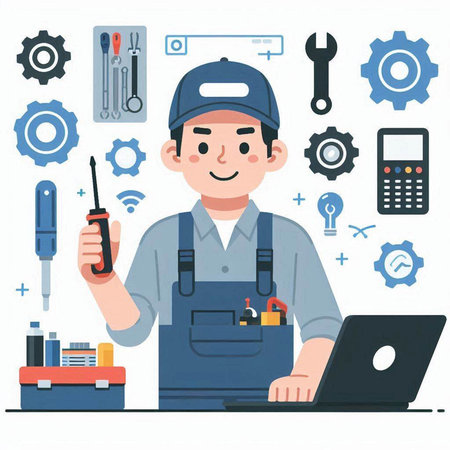 Repairman with laptop and tools. Vector illustration in flat styleのイラスト素材