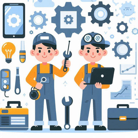 Worker man and woman with tools and gear. Flat style vector illustration.のイラスト素材