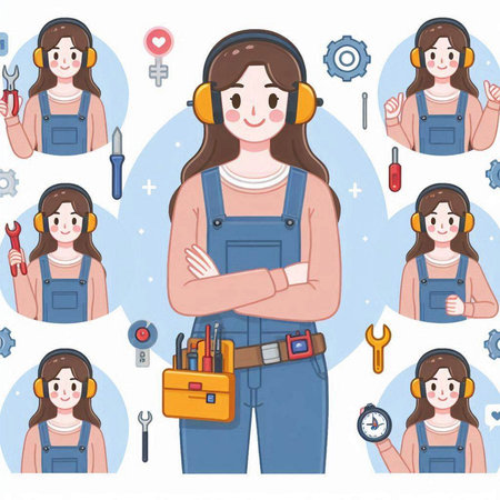 Illustration of a female worker with a set of tools on a white backgroundのイラスト素材
