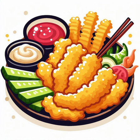 Illustration of a plate of japanese deep fried tempuraのイラスト素材