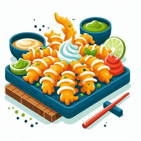 Illustration of deep fried squid with sauce, wasabi and limeのイラスト素材