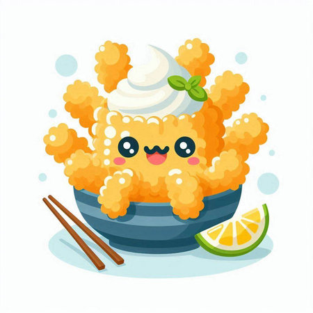 Cute kawaii fried squid in bowl. Vector illustration.のイラスト素材