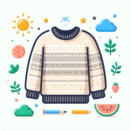 Cute vector illustration with sweater, watermelon, pencil, cloud and leaves.のイラスト素材