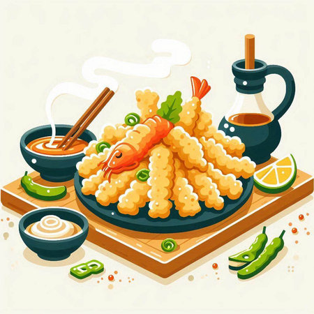 Illustration of Tempura with Shrimps Served on Plateのイラスト素材