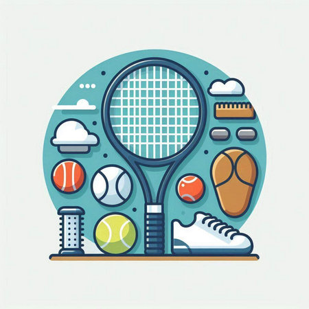 Vector illustration of sport equipment in flat design style. Tennis racket, ball, tennis racket, sneakers and other sport equipment.のイラスト素材