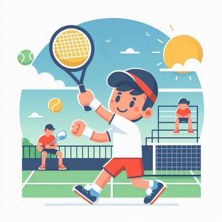 Little boy playing tennis on the court. Vector illustration in cartoon styleのイラスト素材