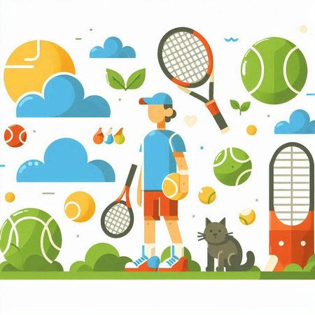 Tennis player and sport equipment vector illustration. Flat style design.のイラスト素材