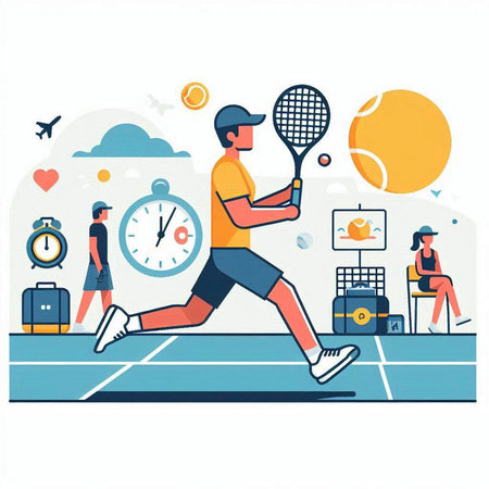 Tennis player running on the tennis court, flat vector illustration.のイラスト素材