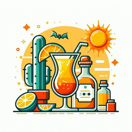 Cinco de Mayo celebration vector illustration. Cocktail with lime, cactus, lemon and tequila.のイラスト素材