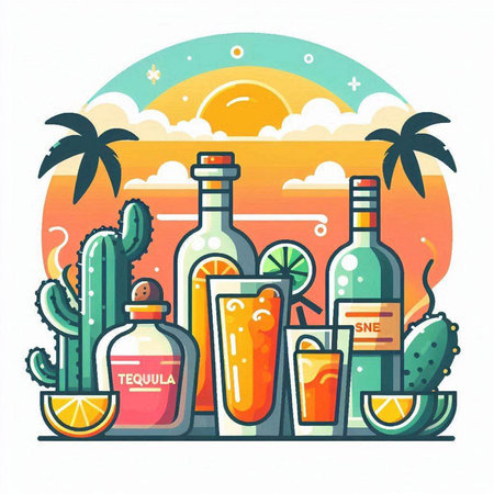 Cinco de mayo vector illustration in flat style with bottles, cacti, cocktails and sunのイラスト素材