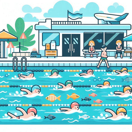 Swimming pool with swimming people. Vector illustration in cartoon style.のイラスト素材