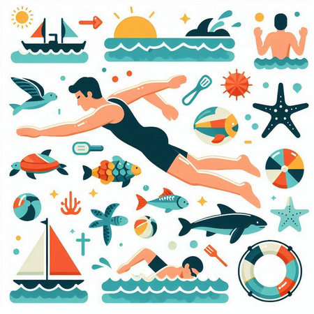 Vector illustration of a man swimming in the sea. Flat style.のイラスト素材