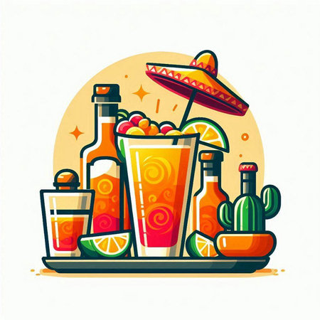 Cinco de Mayo celebration vector illustration. Mexican sombrero hat, tequila, tequila, lime, lemon, tequila, cactus.のイラスト素材