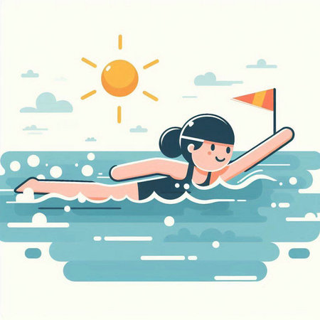 Swimming girl in the pool. Vector illustration in flat style.のイラスト素材