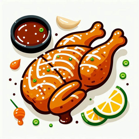 Illustration of grilled chicken with sauce and lemon on a white backgroundのイラスト素材