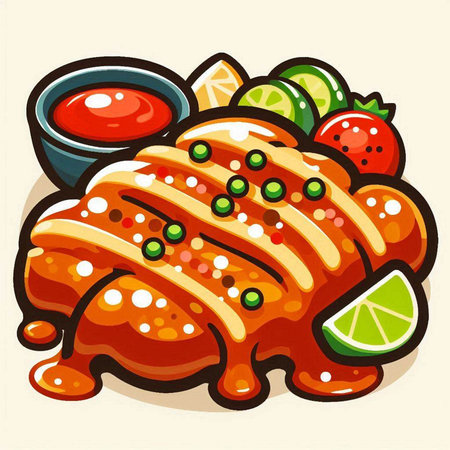Illustration of a chicken fillet with tomato sauce and lime slicesのイラスト素材