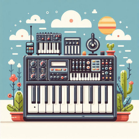 Vector illustration of a music synthesizer in flat style. Electronic piano keyboard.のイラスト素材
