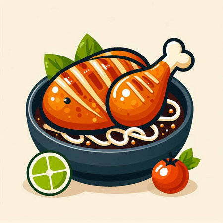 Illustration of fried chicken in a frying pan. Vector illustration.のイラスト素材