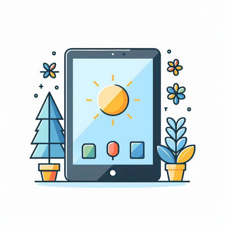 Tablet computer with sun on screen. Modern flat design vector illustration.のイラスト素材