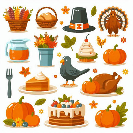 Thanksgiving day elements set with pumpkin, turkey, pie, pie, hat and other holiday symbols isolated vector illustrationのイラスト素材