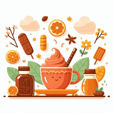 Cup of coffee, ice cream, honey, orange and spices. Vector illustrationのイラスト素材