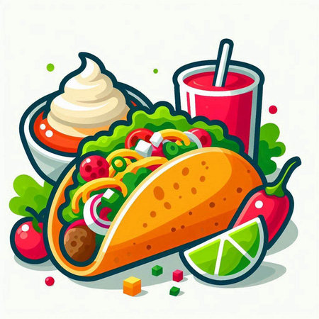 Mexican food. Vector illustration of tacos, lime, chili pepper, tomato, ice cream.のイラスト素材