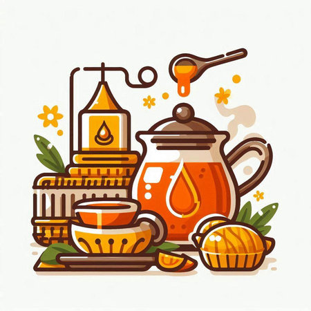 Tea ceremony. Tea pot, teapot, cup, teacup, honey. Vector illustration.のイラスト素材
