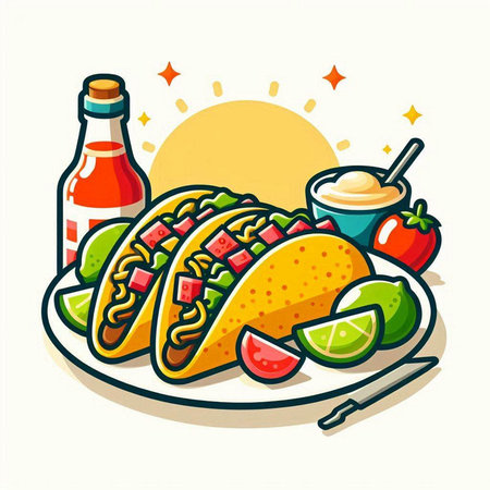 Mexican food vector illustration. Taco with tortilla, lime, sauce and picklesのイラスト素材