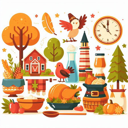 Thanksgiving holiday background with traditional symbols of turkey, pumpkins, autumn leaves, candles, hat, lanterns. Vector illustrationのイラスト素材