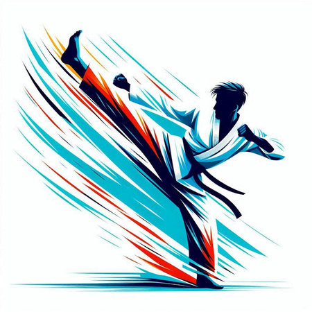 Taekwondo vector illustration. Karate fighter in action. Martial arts element.のイラスト素材