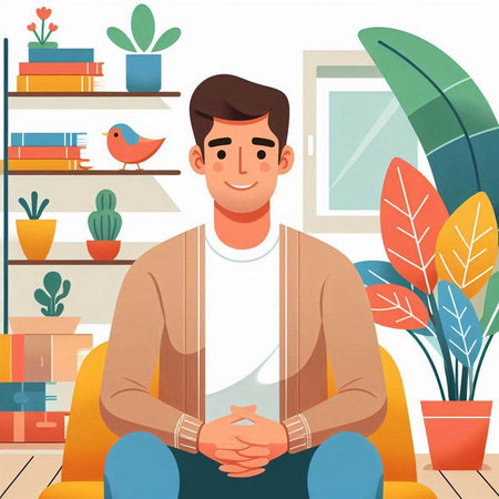 Man sitting on the sofa in the living room. Vector illustration.のイラスト素材