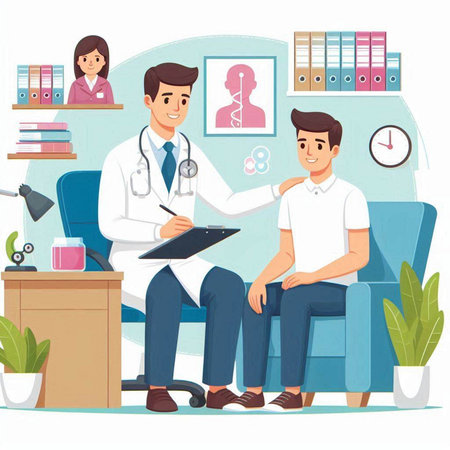Doctor and patient sitting on couch at hospital. Vector illustration in cartoon styleのイラスト素材