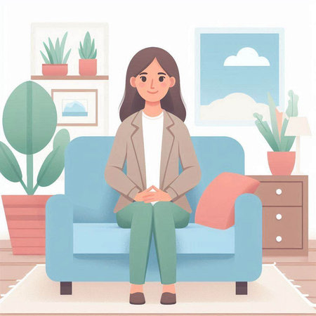 Young woman sitting on sofa in living room. Flat style vector illustration.のイラスト素材