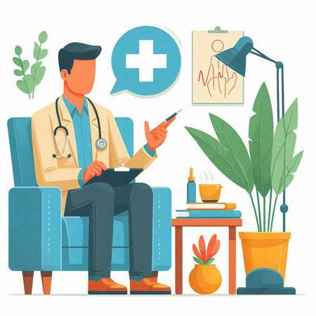 Doctor with stethoscope sitting in armchair and writing prescription. Vector flat illustrationのイラスト素材
