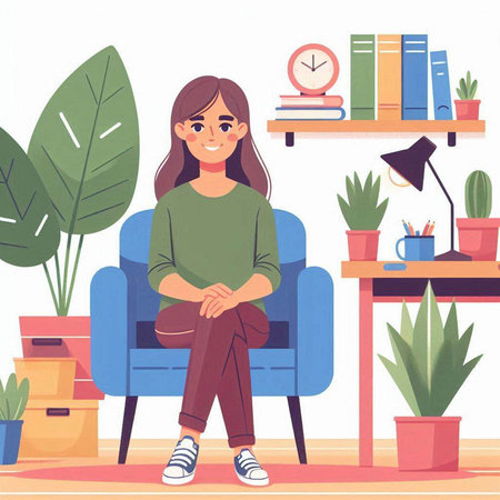 Girl sitting on the armchair in the living room, vector illustrationのイラスト素材