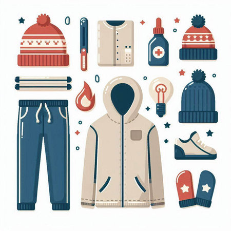 Winter clothes. Set of winter clothes. Vector illustration in flat style.のイラスト素材