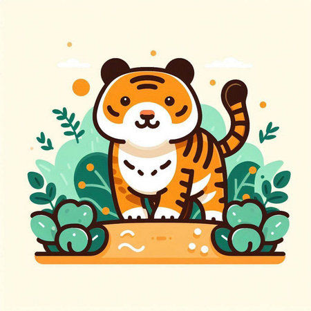 Cute cartoon tiger in the jungle. Vector illustration in flat style.のイラスト素材