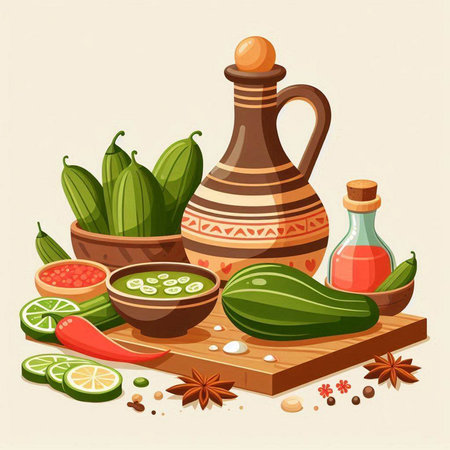 Cucumber, olive oil, spices and herbs. Vector illustrationのイラスト素材